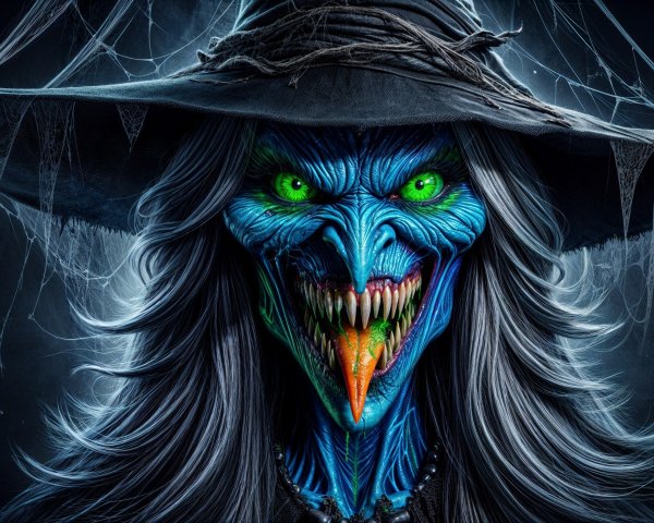 Malevolent witch with blue skin and eerie features