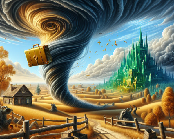 Tornado with Yellow Suitcase in a Vivid Landscape