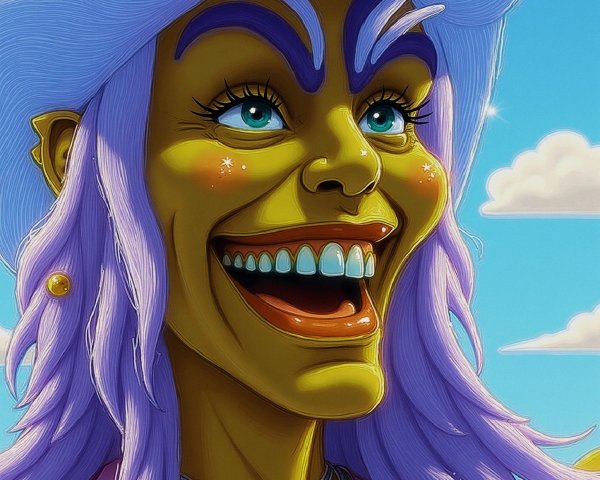 Whimsical Character with Purple Hair and Colorful Hat