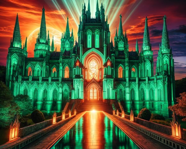 Gothic castle illuminated by sunset and vibrant lights