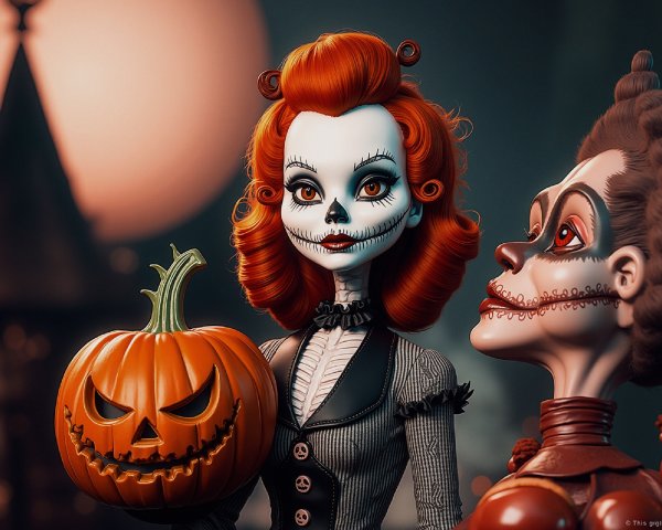 Halloween-Themed Dolls with Skeleton Faces and Pumpkins