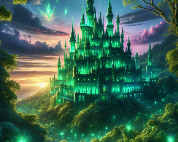 Emerald Castle in a Vibrant Enchanted Landscape