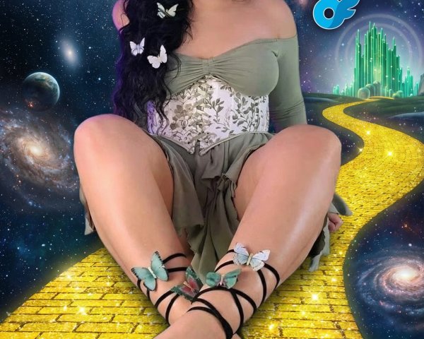 Surreal Woman on Yellow Brick Road in Outer Space
