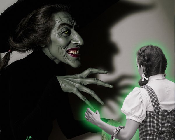 Whimsical Scene of Witch and Curious Young Girl