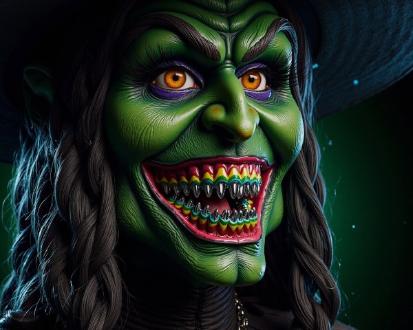 Menacing witch figure with ghoulish features and colors