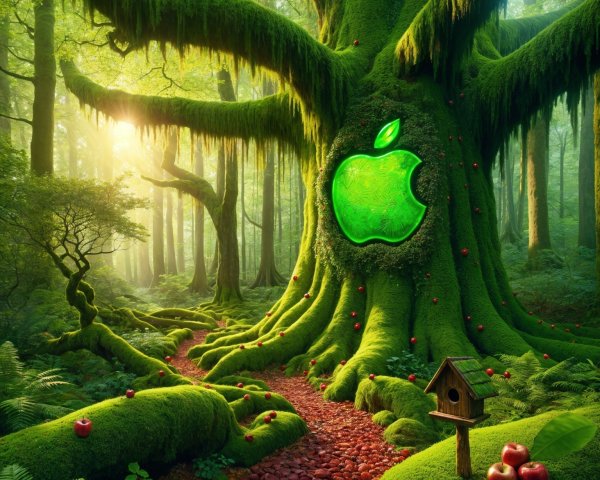 Moss-Covered Tree with Glowing Apple Logo in Forest