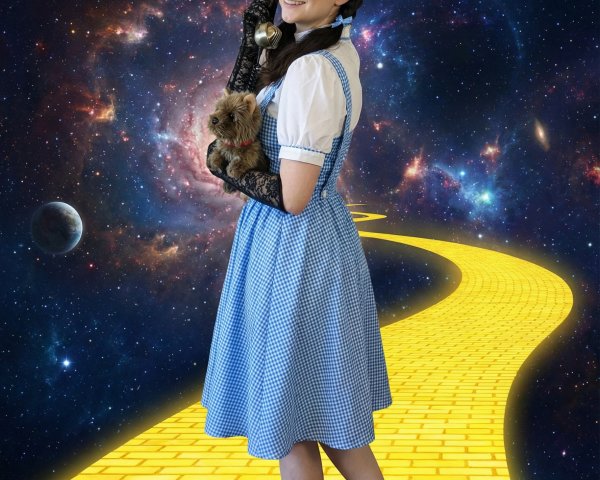Woman in Dorothy costume on yellow brick road in space
