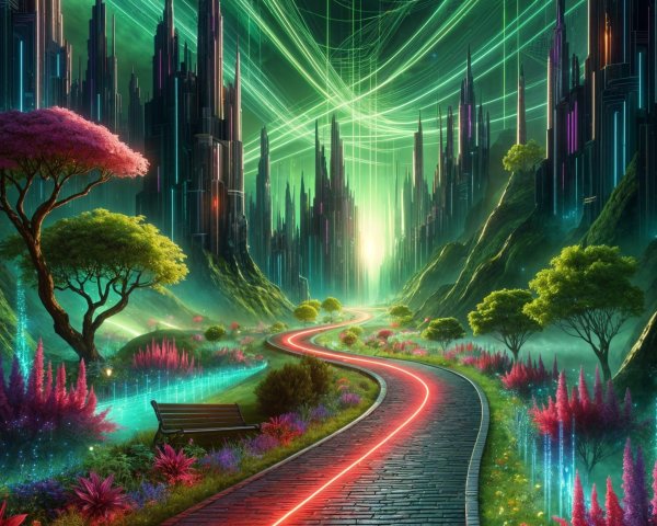 Futuristic landscape with glowing path and crystal structures
