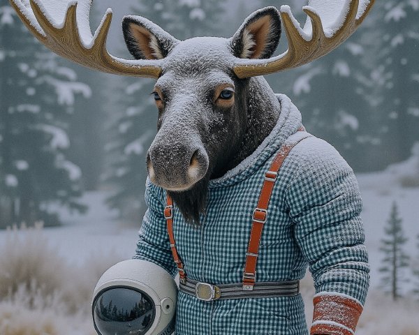 Moose in Retro Astronaut Suit in Winter Landscape