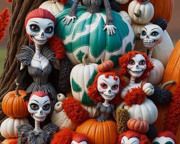 Stylized Skeleton Characters Celebrating Halloween Festivities