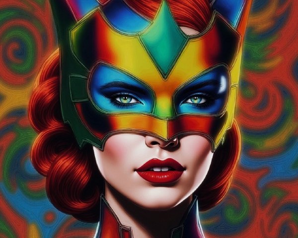 Vibrant Superheroine with Cat Mask and Colorful Costume