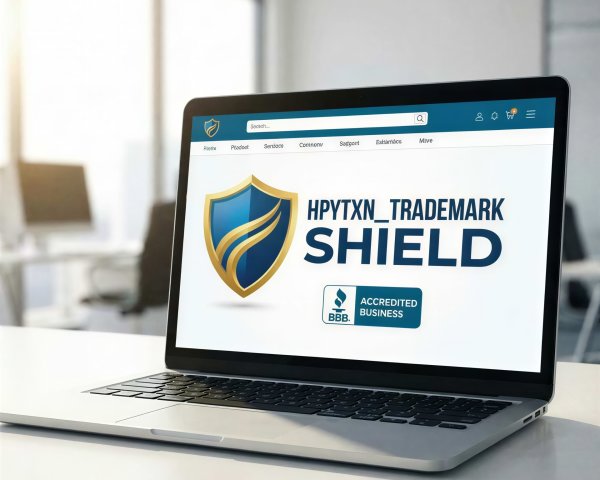 Laptop on White Desk Displaying Website with Logo