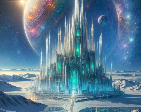 Otherworldly castle against a cosmic backdrop