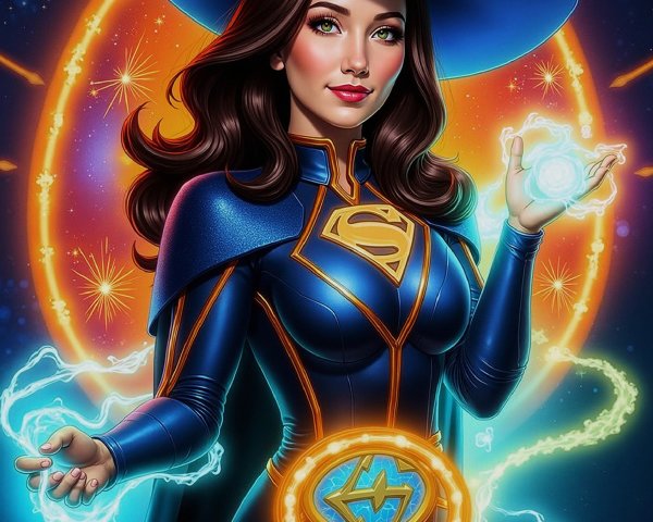 Confident Female Superhero in Blue and Gold Outfit