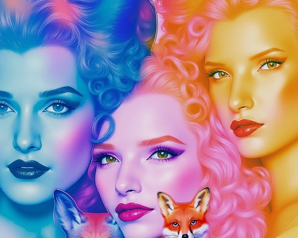 Stylized Women with Colorful Hair and Foxes Design