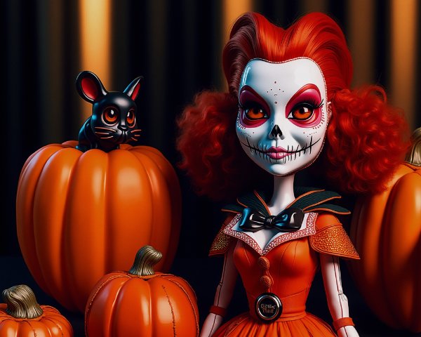 Whimsical Doll with Sugar Skull Face Among Pumpkins
