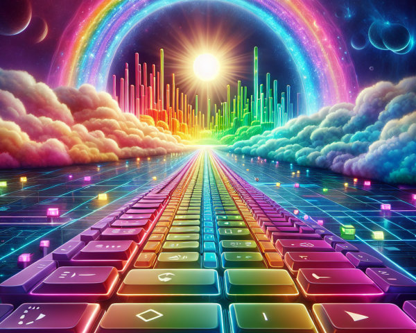 Surreal Cosmic Landscape with Colorful Keyboard and City