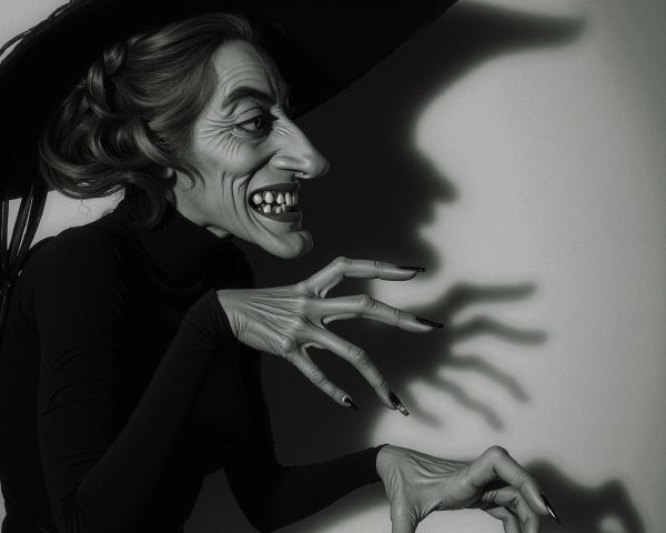 Sinister witch with pointed hat and eerie shadows
