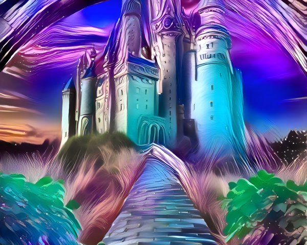 Fantastical castle with vibrant sky and lush greenery