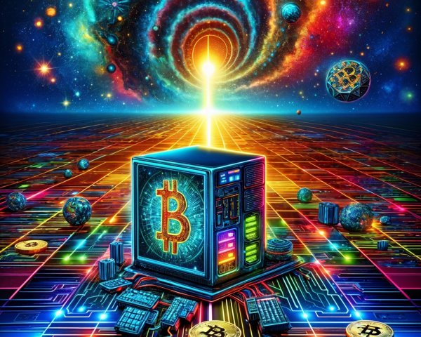 Cosmic Scene with Bitcoin Symbol and Circuit Board