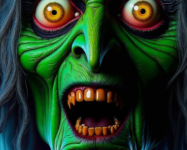 Grotesque Green-Skinned Witch with Menacing Features