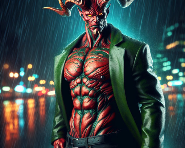 Muscular Red-Skinned Demon in Urban Rainy Setting