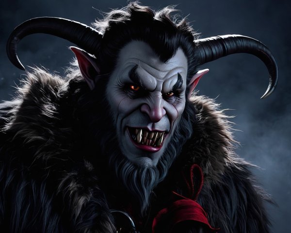 Menacing horned creature with glowing red eyes and cloak