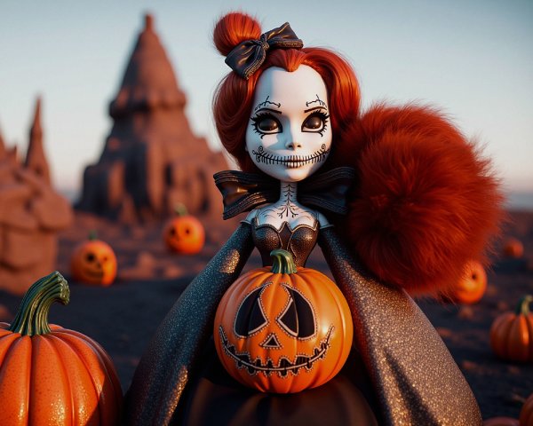 Halloween-Inspired Whimsical Doll with Pumpkin