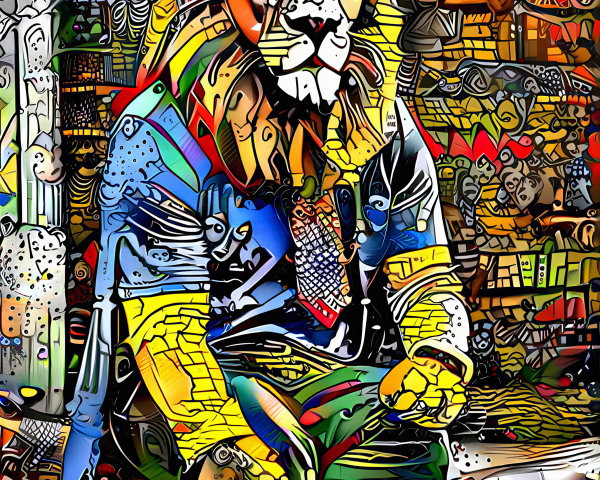 Surreal Lion in Colorful Urban Environment Illustration