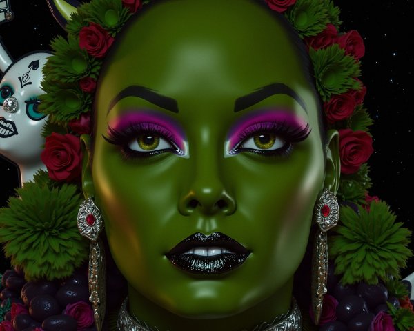 Bold Figure with Green Complexion and Floral Elements