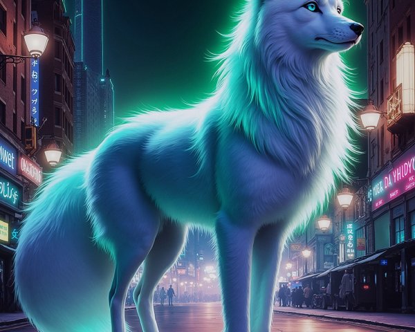 Majestic White Wolf in Neon-Lit Urban Landscape