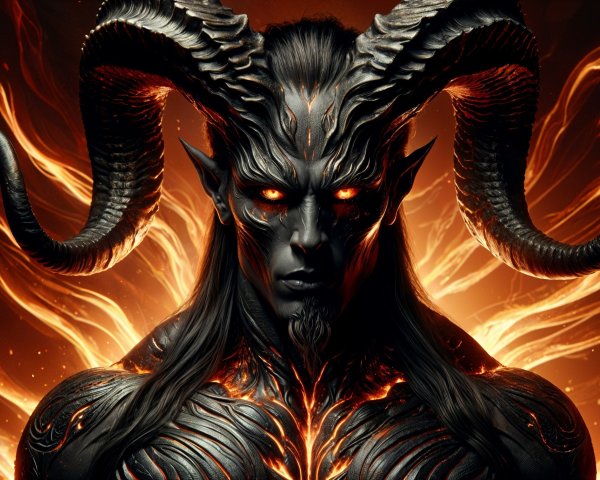 Dark Figure with Twisted Horns and Fiery Eyes
