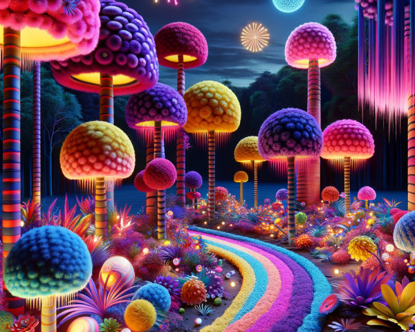 Surreal Landscape with Colorful Mushrooms and Flora