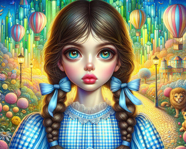 Whimsical Illustration of a Girl in Colorful Landscape