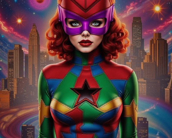 Vibrant Superheroine with Cosmic Background and City Skyline