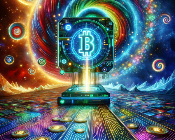 Cosmic Scene with Bitcoin Symbol and Futuristic Device