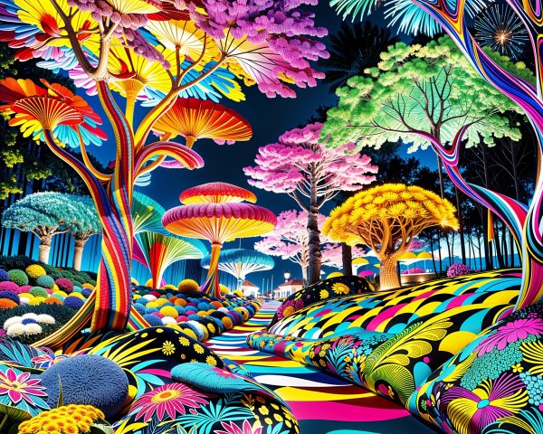 Surreal Landscape with Colorful Trees and Mushrooms