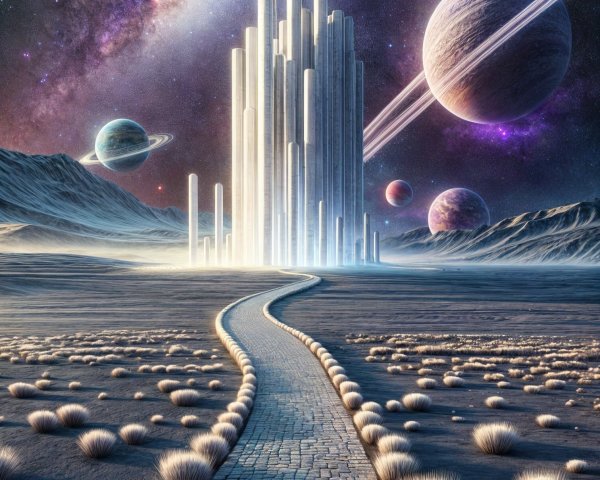 Surreal Landscape with Crystalline Structure and Planets