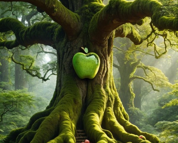 Ancient Tree with Apples in a Lush Forest Setting