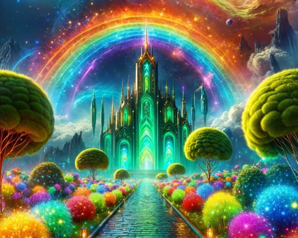 Majestic castle in vibrant cosmic landscape scene