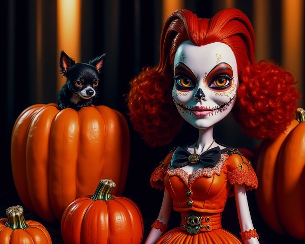 Whimsical Doll with Red Hair and Halloween Decor