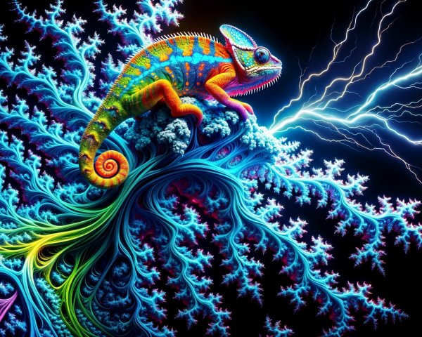 Vibrant Chameleon on Fractal Branch with Lightning Bolts