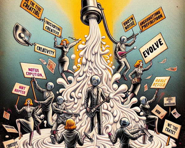 Illustration of a central figure with guitar in chaotic scene