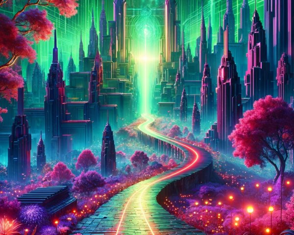Futuristic cityscape with neon colors and greenery