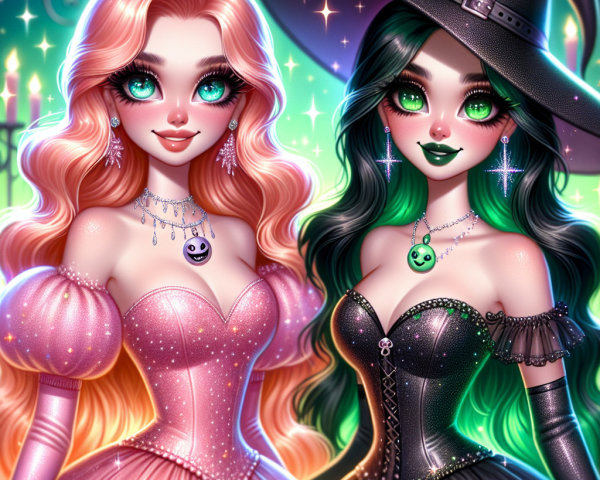 Stylish dolls in pink gown and witch outfit with accessories