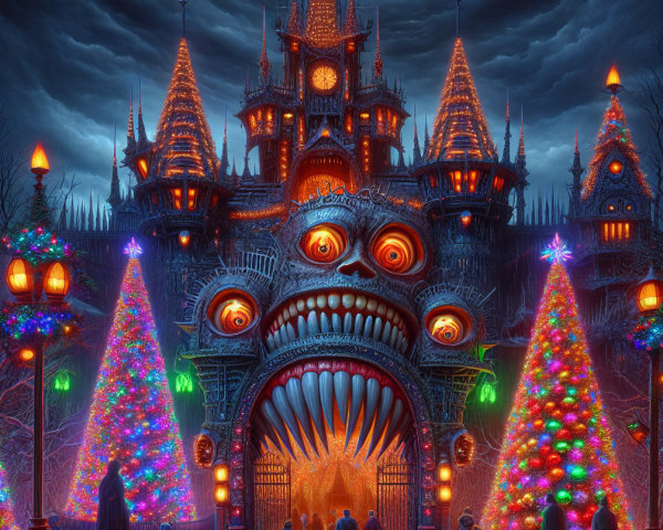 Ominous castle with glowing eyes and festive trees