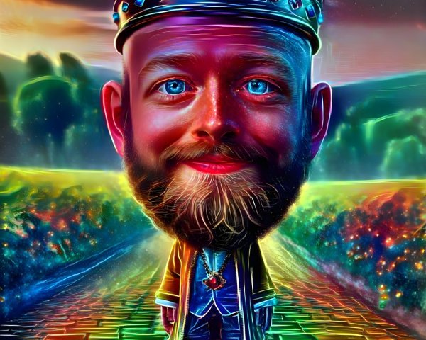 Whimsical Character with Colorful Crown in Landscape