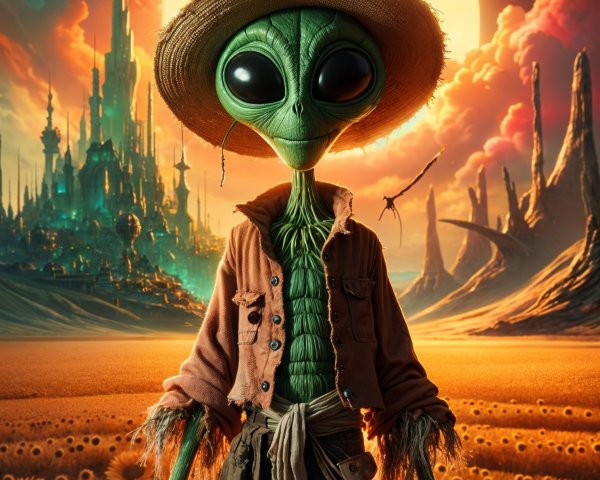 Alien Figure in Sunlit Field with Majestic City Background