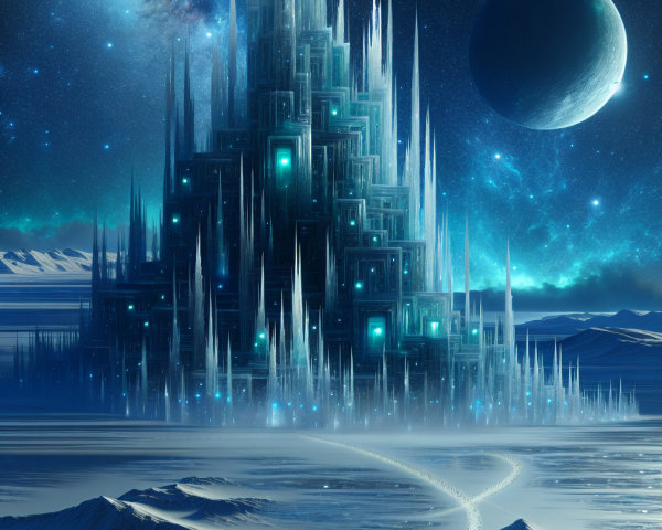 Ice Castle Under Starry Sky with Glowing Spires
