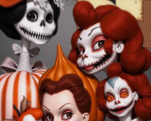 Halloween Portrait of Four Whimsical Dolls